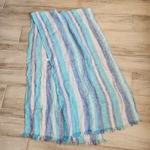 Summer Scarf Women's Turquoise Blue Striped 100% Linen Puffy Preppy Made Italy